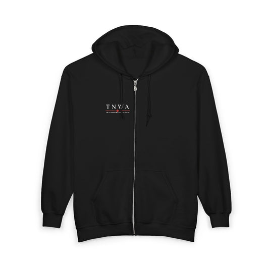 Minimalist TNWA Logo Zip Hoodie — Black Small Chest Graphic, Casual Streetwear